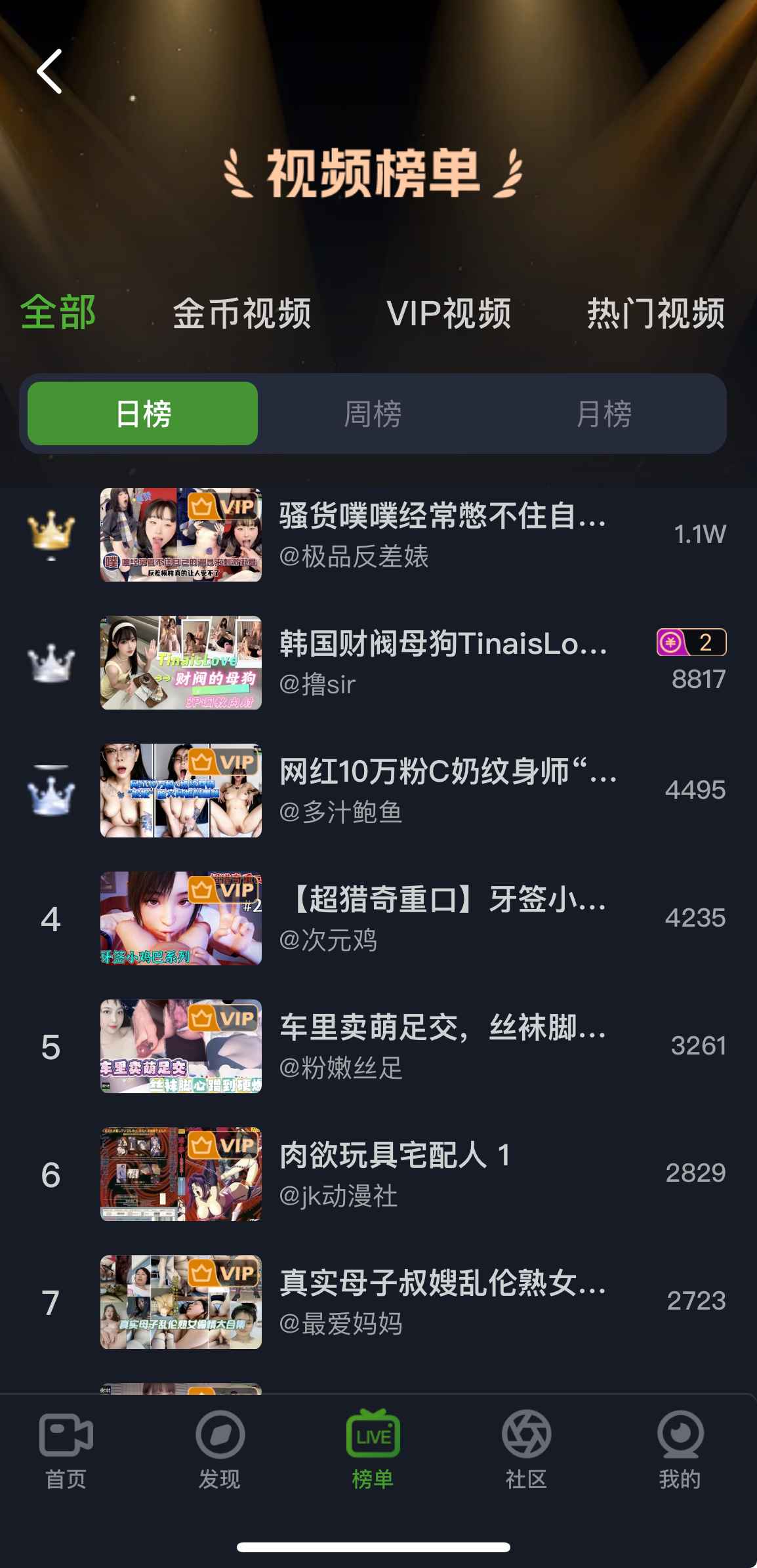 重口社视频榜单全部列表截图